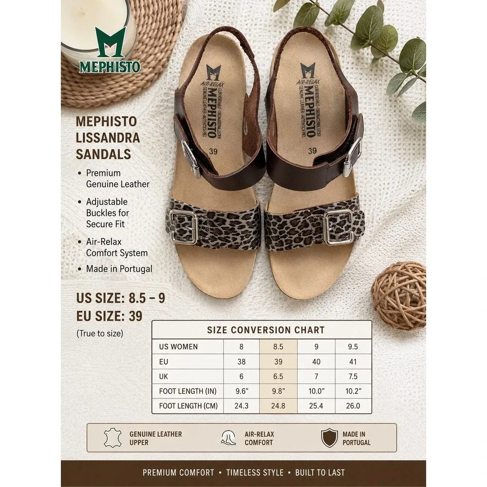 Mephisto Wedge Sandals Women 39 Brown Leopard Print Good Leather Cork Air-Relax